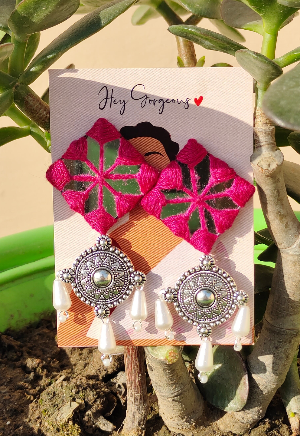 Square Mirror Embroidery Earring